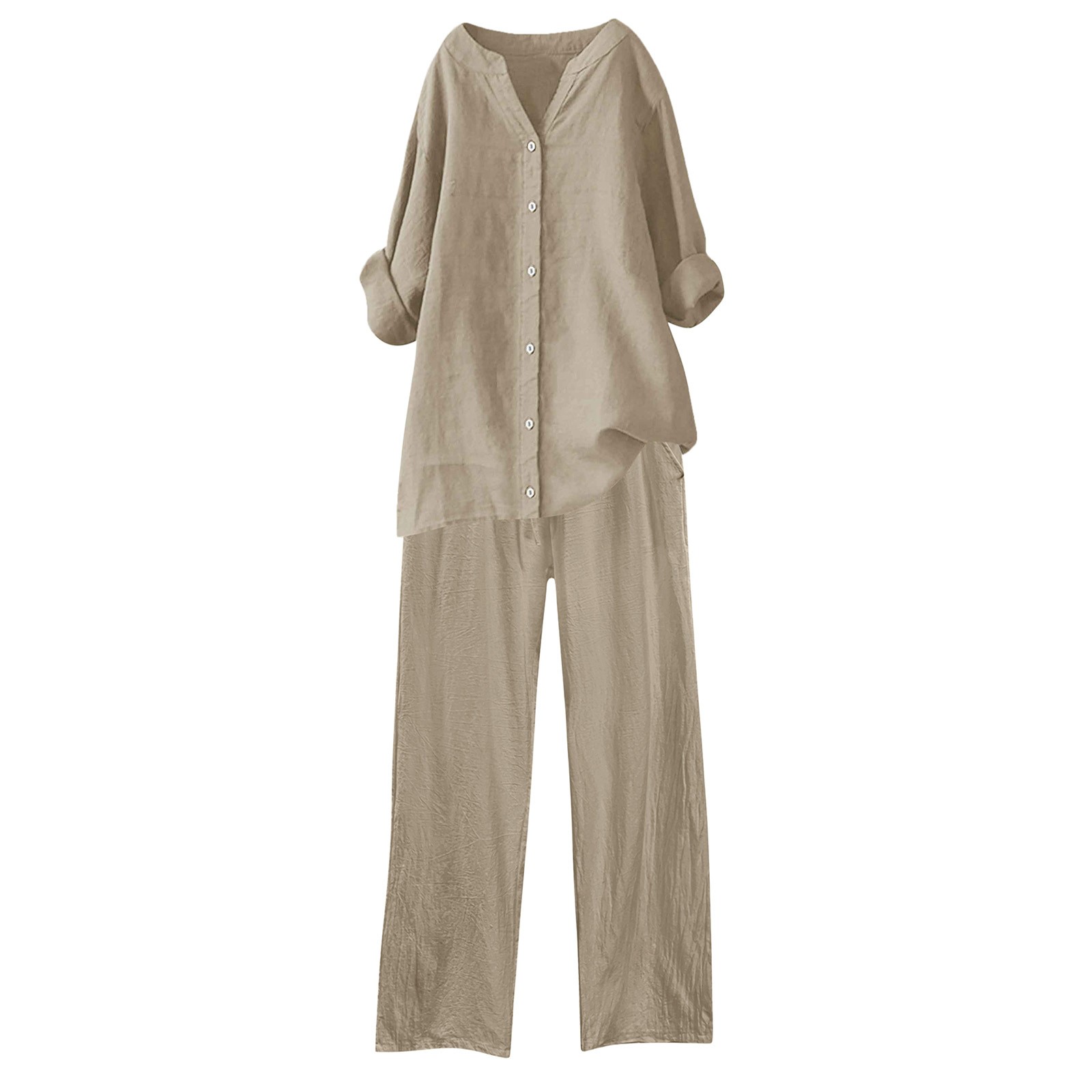 thumbnail image 4 of Conjuntos de 2 piezas para mujer: conjunto de blusa ancha y pantalones elásticos, camisa informal con cuello en V y pantalones para llevar en la calle o en la playa, poliéster, corte holgado, talla, 4 of 4
